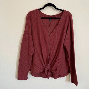 Soft Waffle Long Sleeve Button Down - Burgundy